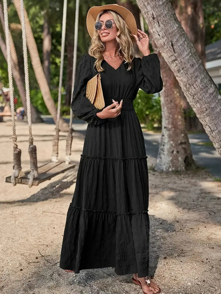 Long Sleeve Tiered Maxi Dress with Smocked Waist