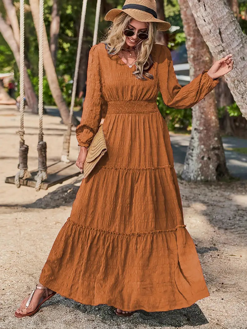 Long Sleeve Tiered Maxi Dress with Smocked Waist