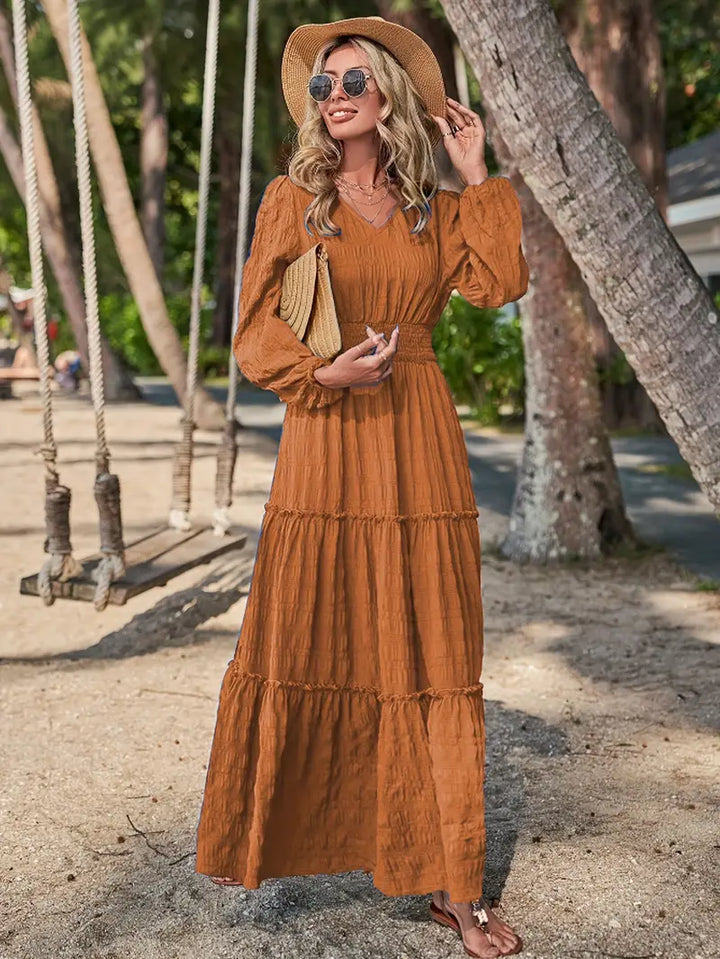 Long Sleeve Tiered Maxi Dress with Smocked Waist