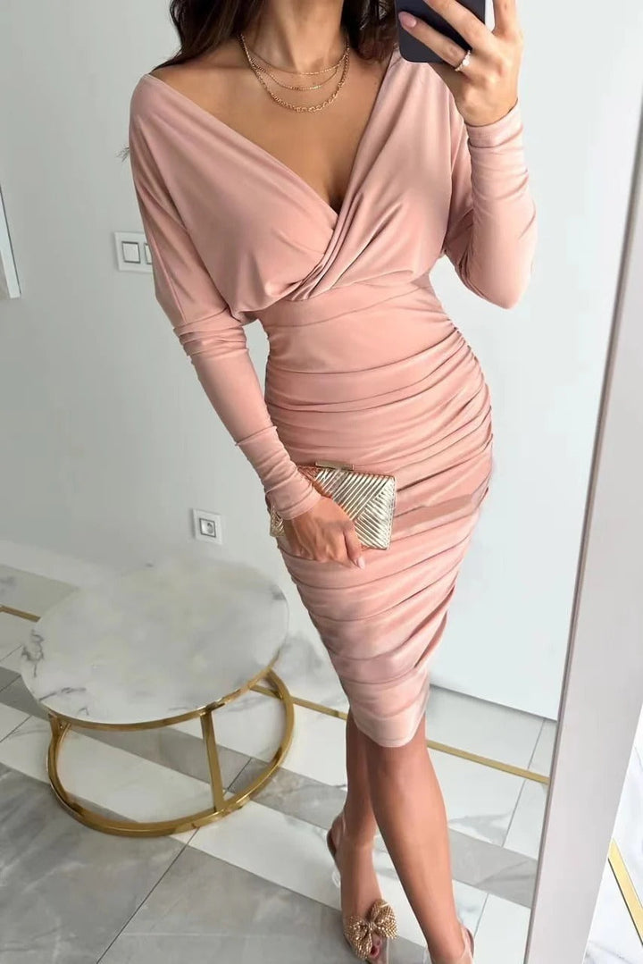 Long Sleeve Ruched Midi Dress with Draped V-Neckline