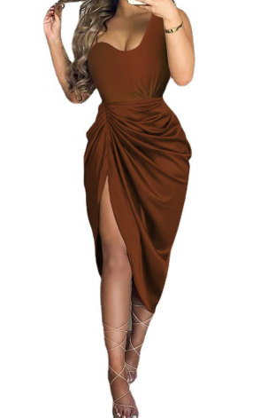 One-Shoulder Midi Dress with Asymmetric Hem and Side Ruching