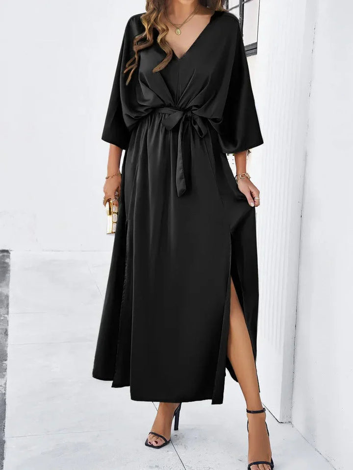 V-Neck Maxi Dress with Wide Sleeves, Tie Waist and Front Slit