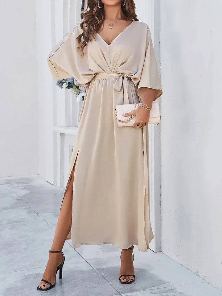 V-Neck Maxi Dress with Wide Sleeves, Tie Waist and Front Slit