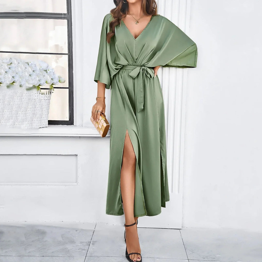 V-Neck Maxi Dress with Wide Sleeves, Tie Waist and Front Slit
