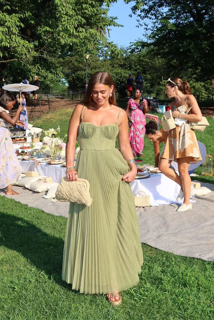 Pleated Maxi Dress with Bustier Bodice and Spaghetti Straps