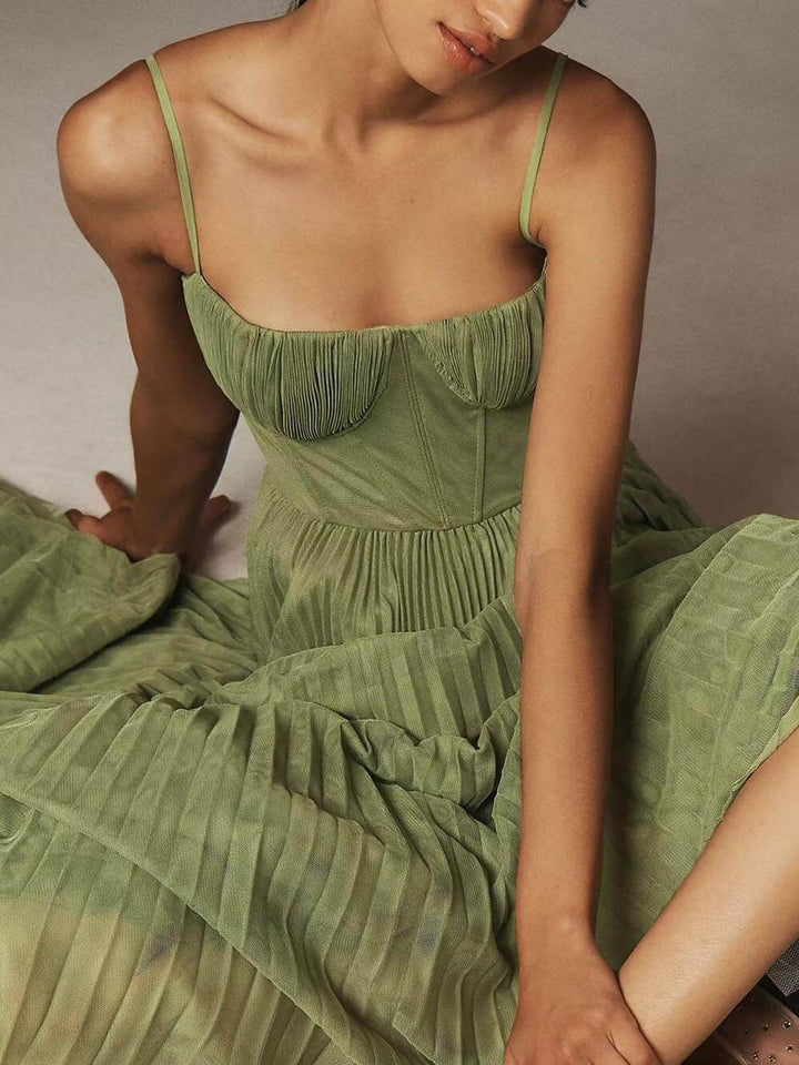 Pleated Maxi Dress with Bustier Bodice and Spaghetti Straps