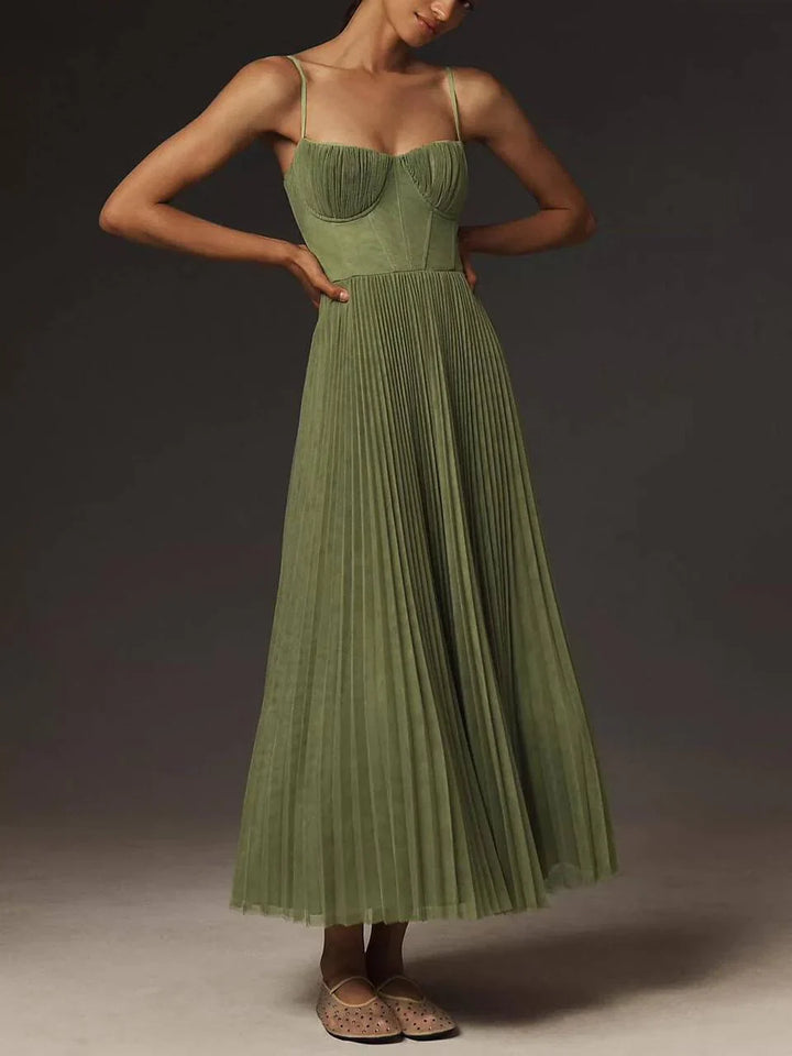 Pleated Maxi Dress with Bustier Bodice and Spaghetti Straps