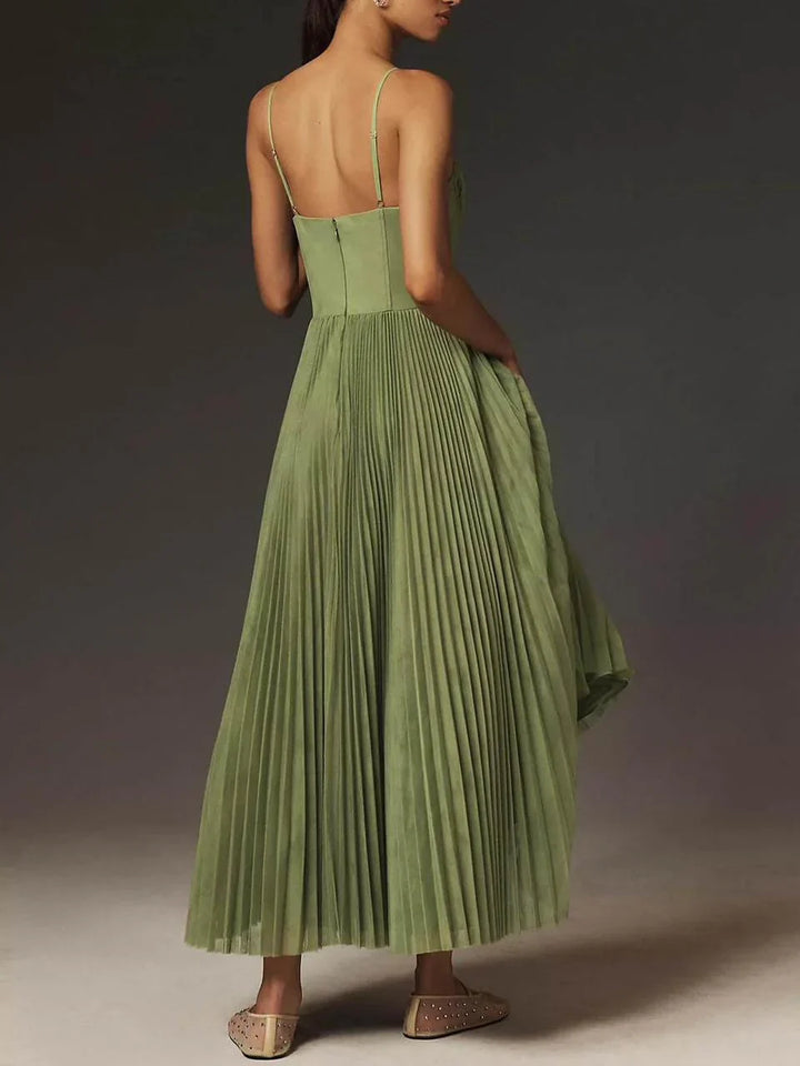 Pleated Maxi Dress with Bustier Bodice and Spaghetti Straps