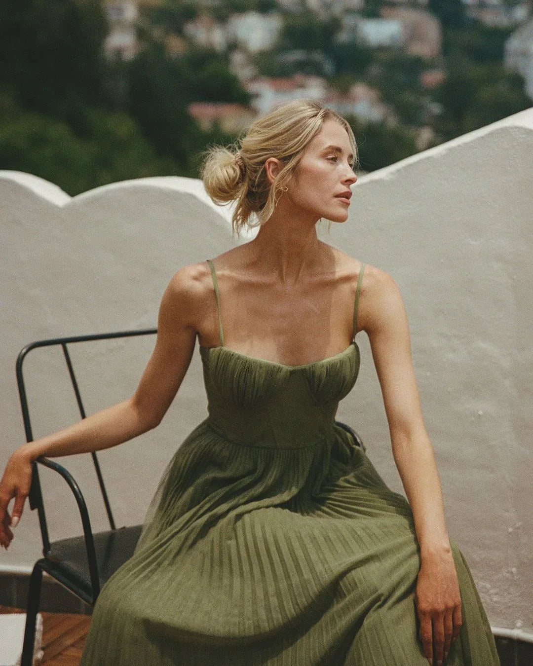 Pleated Maxi Dress with Bustier Bodice and Spaghetti Straps