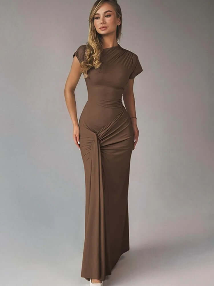 High Neck Ruched Maxi Dress with Cap Sleeves and Lace-Up Back