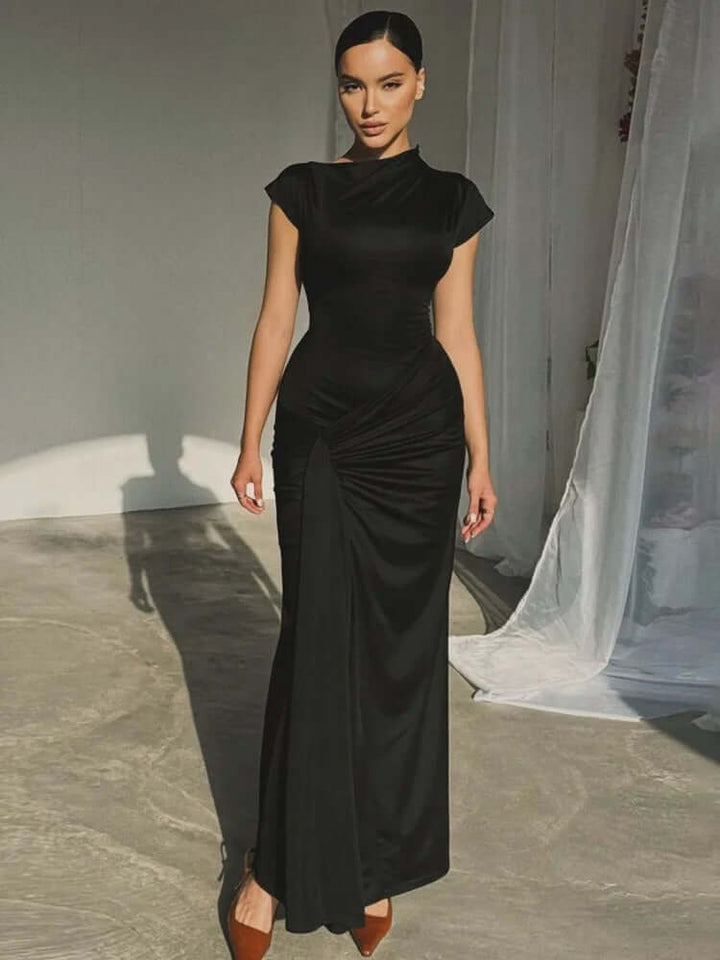 High Neck Ruched Maxi Dress with Cap Sleeves and Lace-Up Back