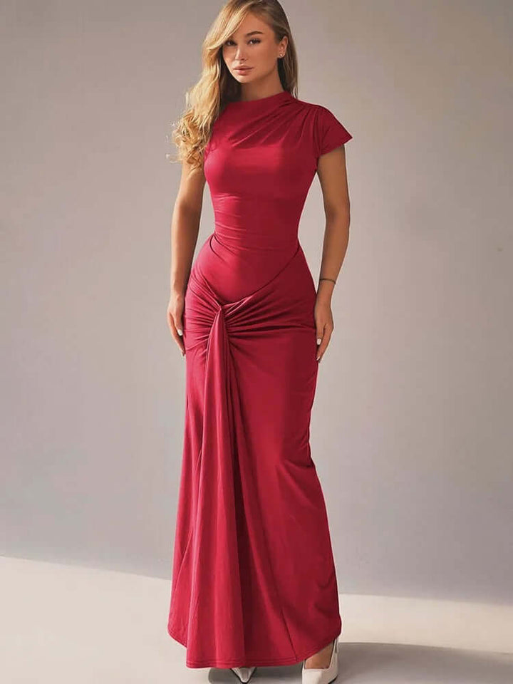 High Neck Ruched Maxi Dress with Cap Sleeves and Lace-Up Back