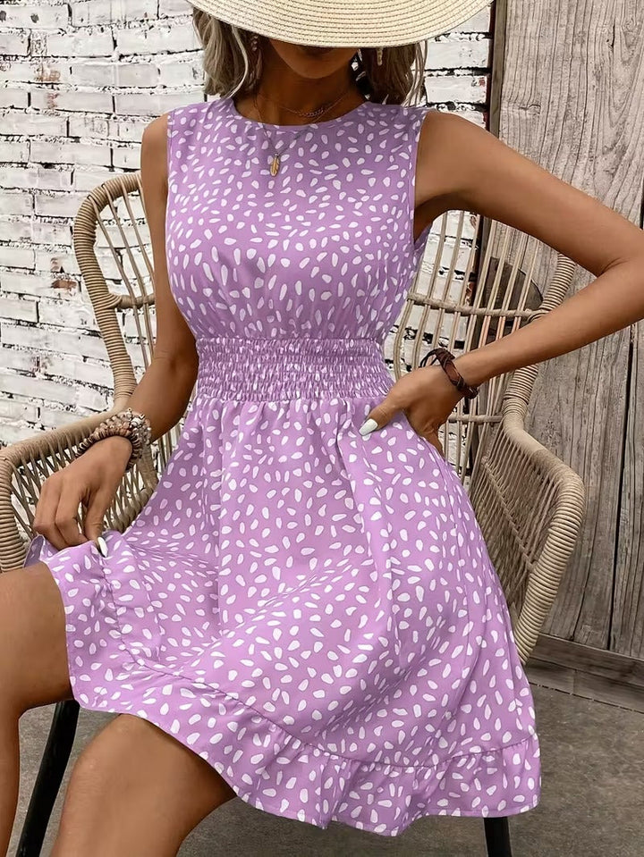 Sleeveless Mini Dress with Crew Neckline and Smocked Waist