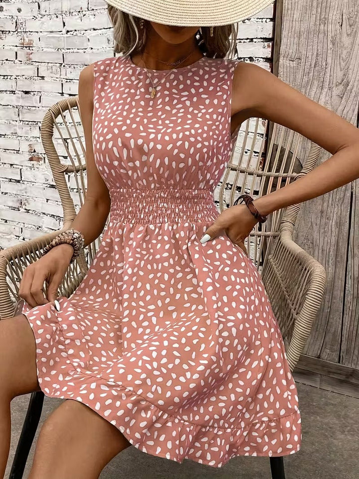 Sleeveless Mini Dress with Crew Neckline and Smocked Waist