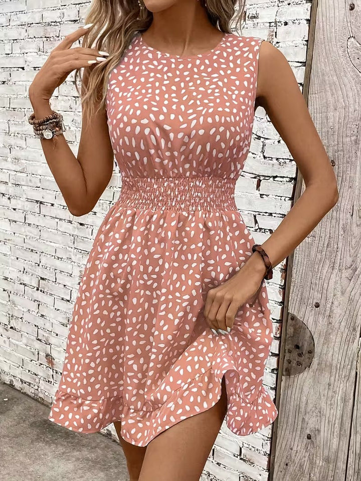 Sleeveless Mini Dress with Crew Neckline and Smocked Waist