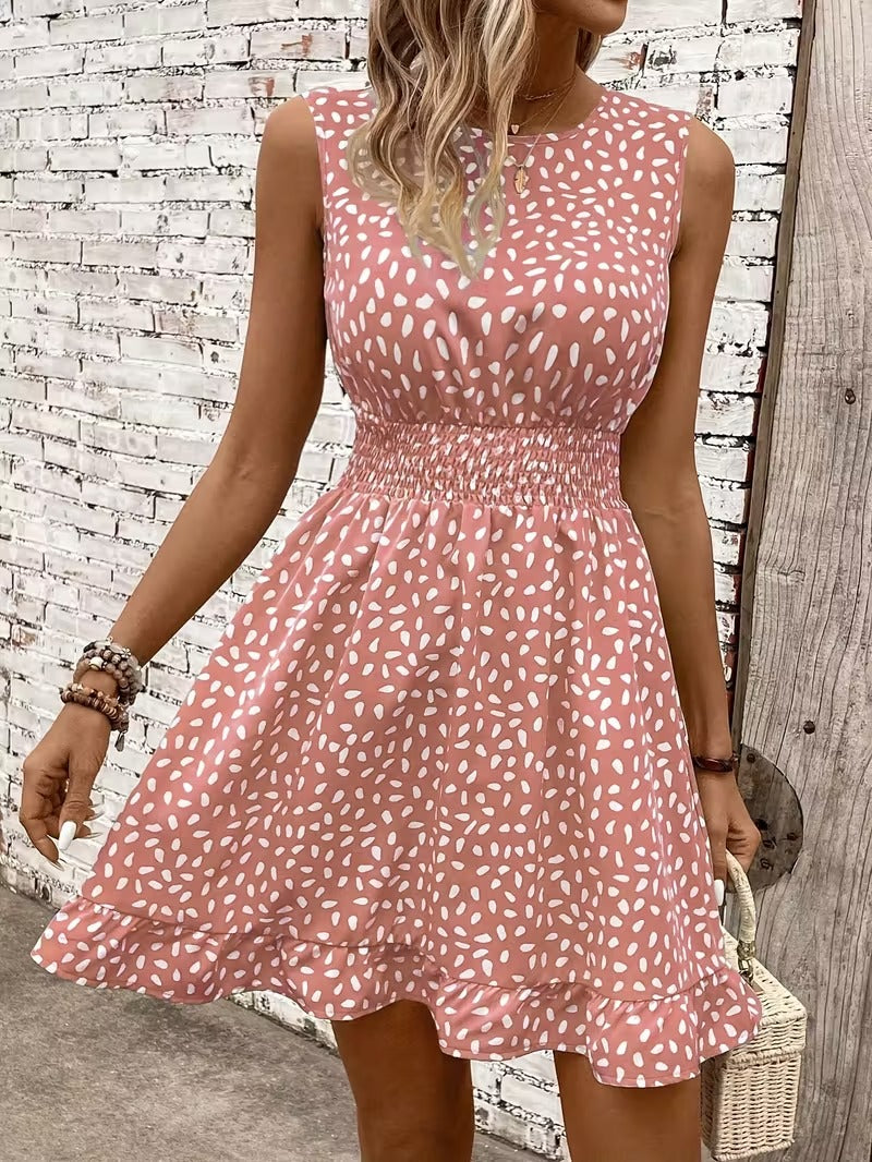 Sleeveless Mini Dress with Crew Neckline and Smocked Waist