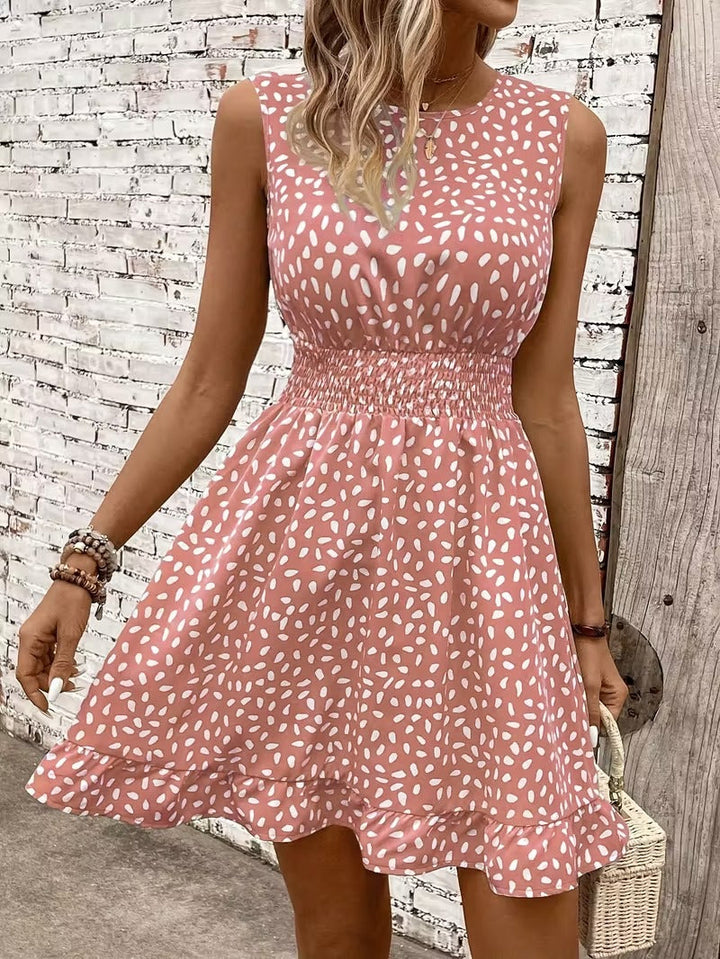 Sleeveless Mini Dress with Crew Neckline and Smocked Waist