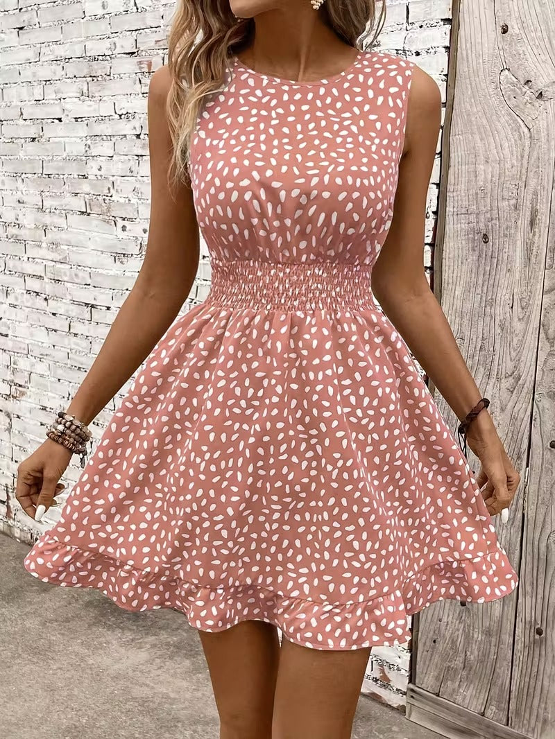 Sleeveless Mini Dress with Crew Neckline and Smocked Waist