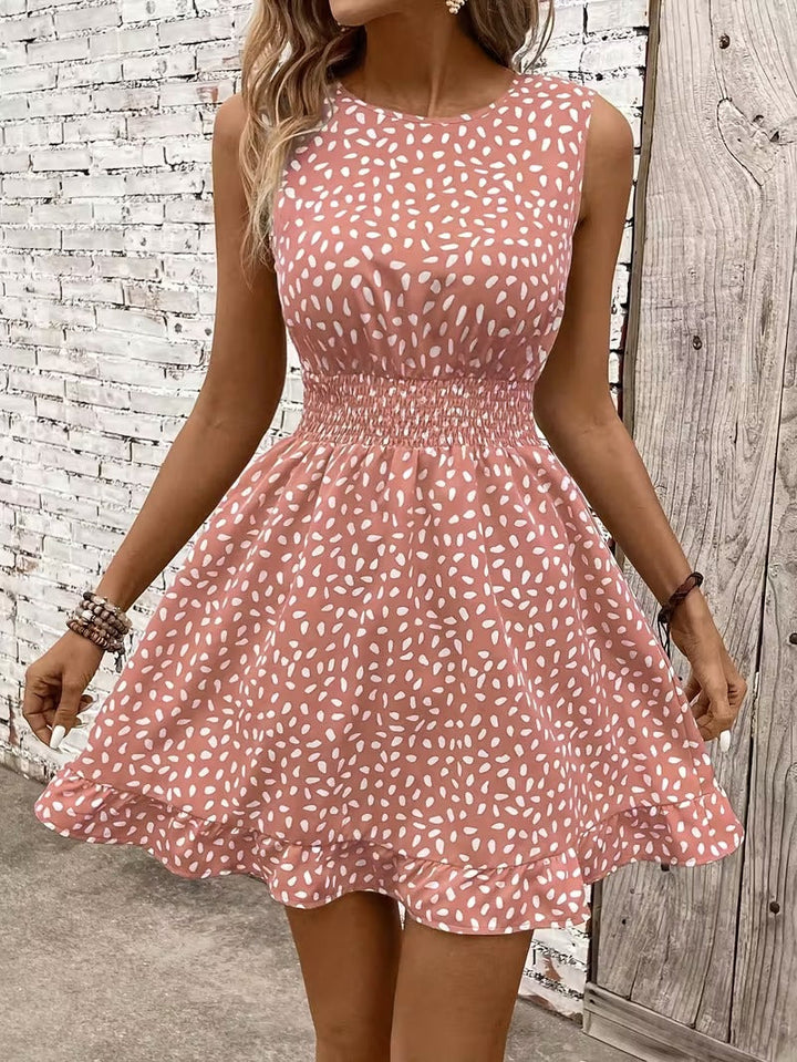 Sleeveless Mini Dress with Crew Neckline and Smocked Waist