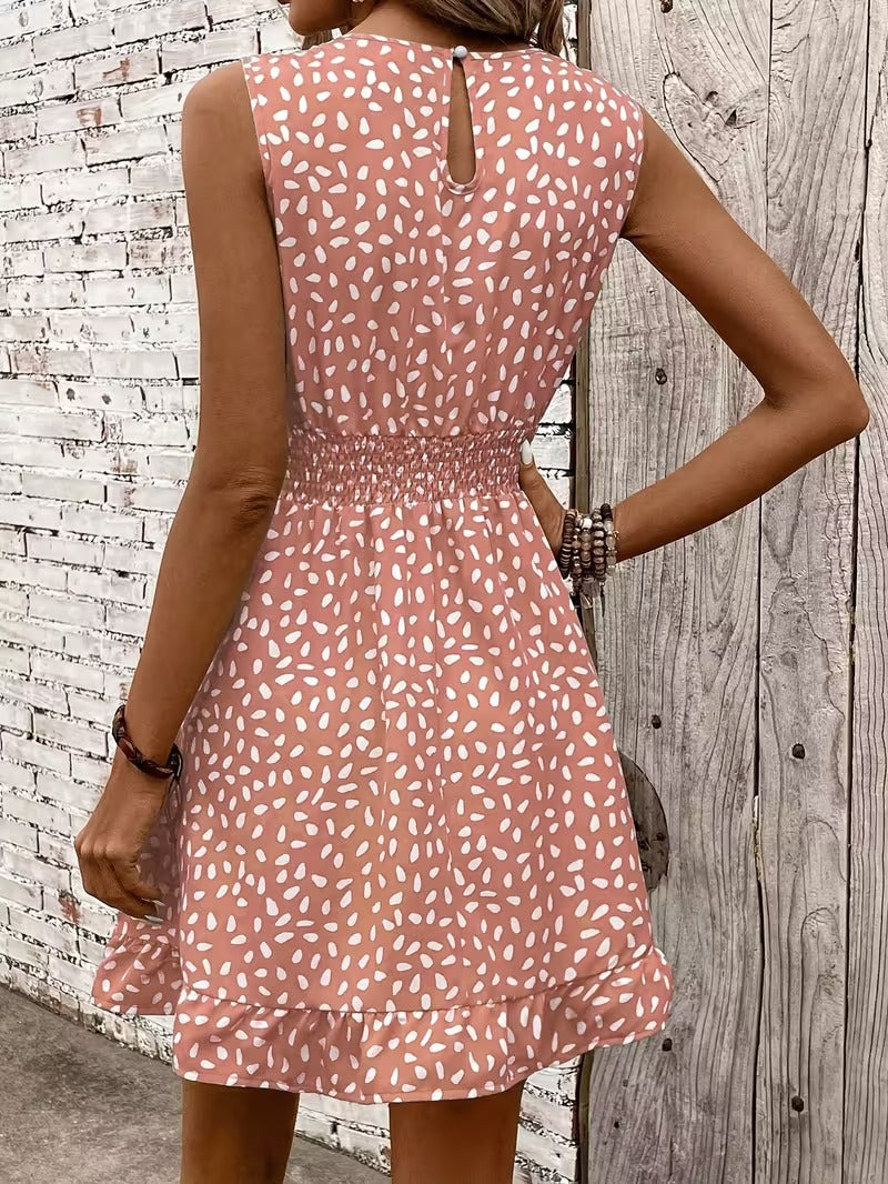Sleeveless Mini Dress with Crew Neckline and Smocked Waist