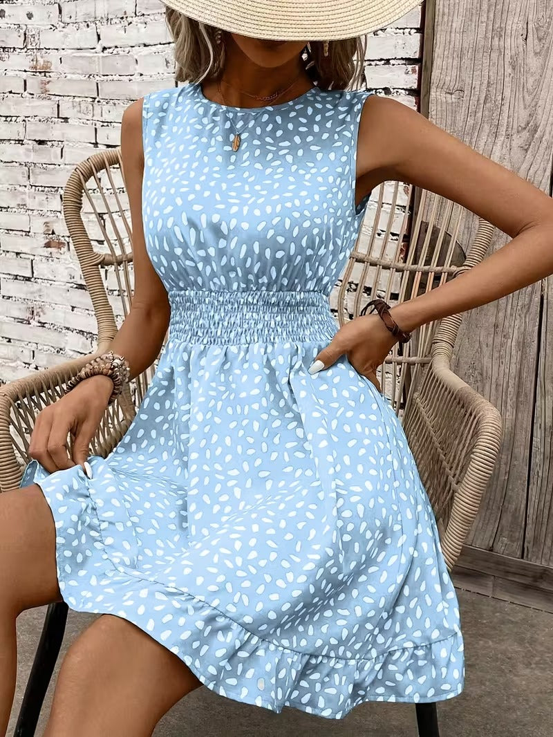 Sleeveless Mini Dress with Crew Neckline and Smocked Waist