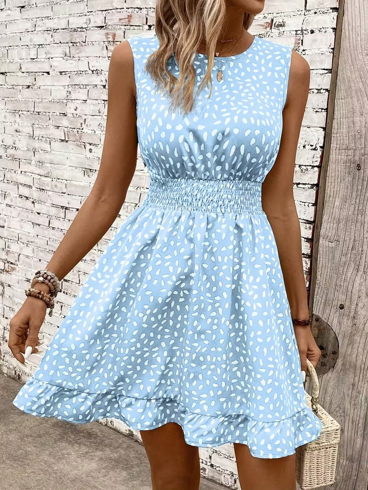 Sleeveless Mini Dress with Crew Neckline and Smocked Waist