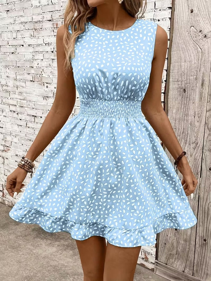 Sleeveless Mini Dress with Crew Neckline and Smocked Waist
