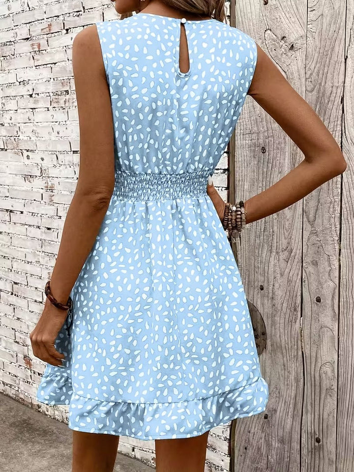 Sleeveless Mini Dress with Crew Neckline and Smocked Waist