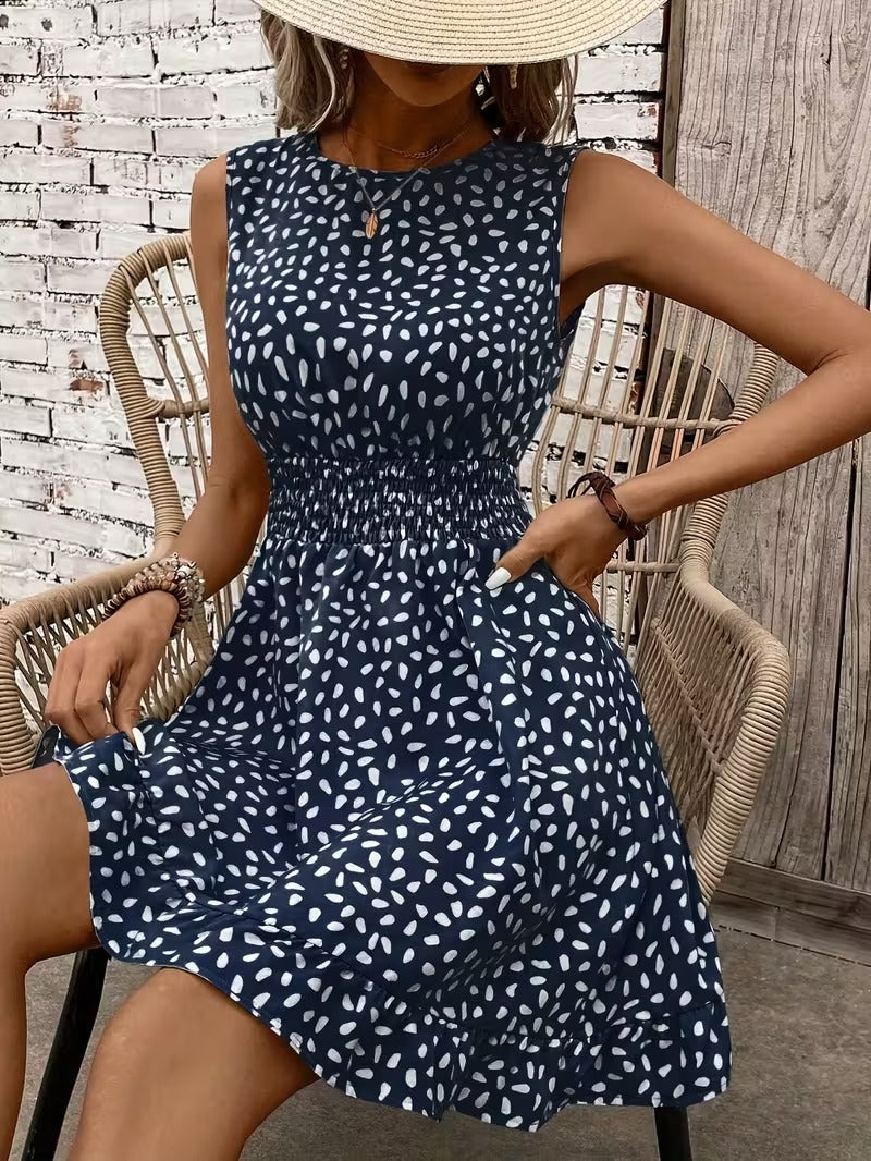 Sleeveless Mini Dress with Crew Neckline and Smocked Waist