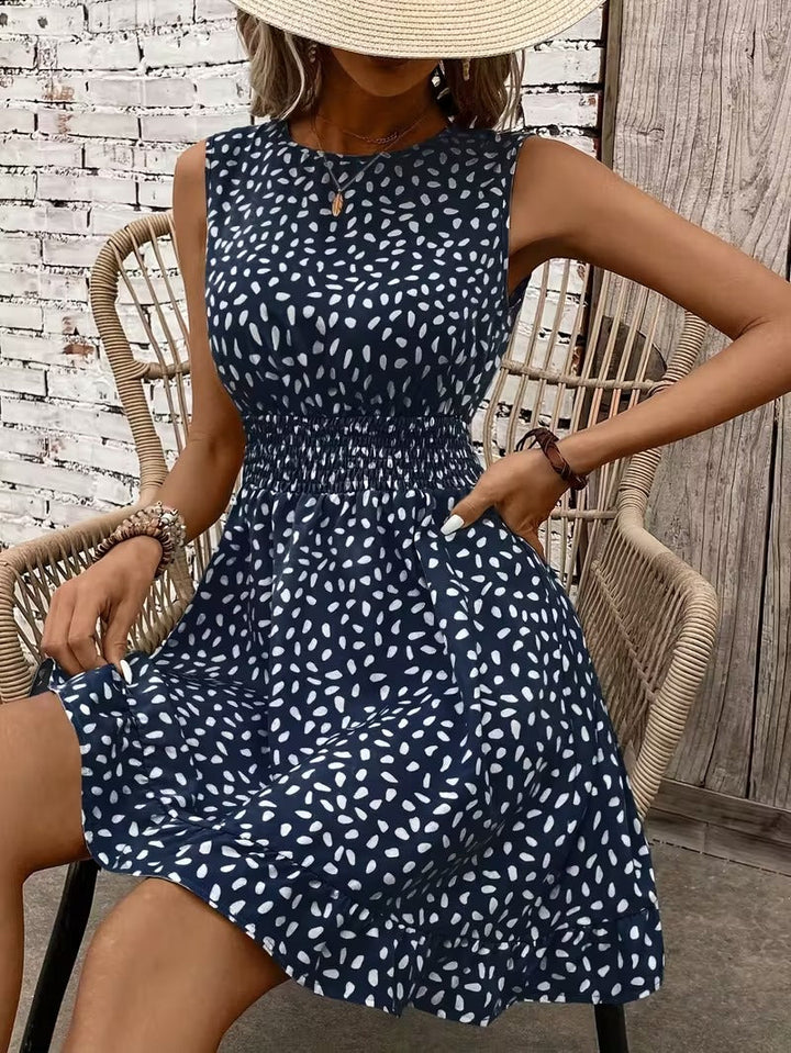 Sleeveless Mini Dress with Crew Neckline and Smocked Waist