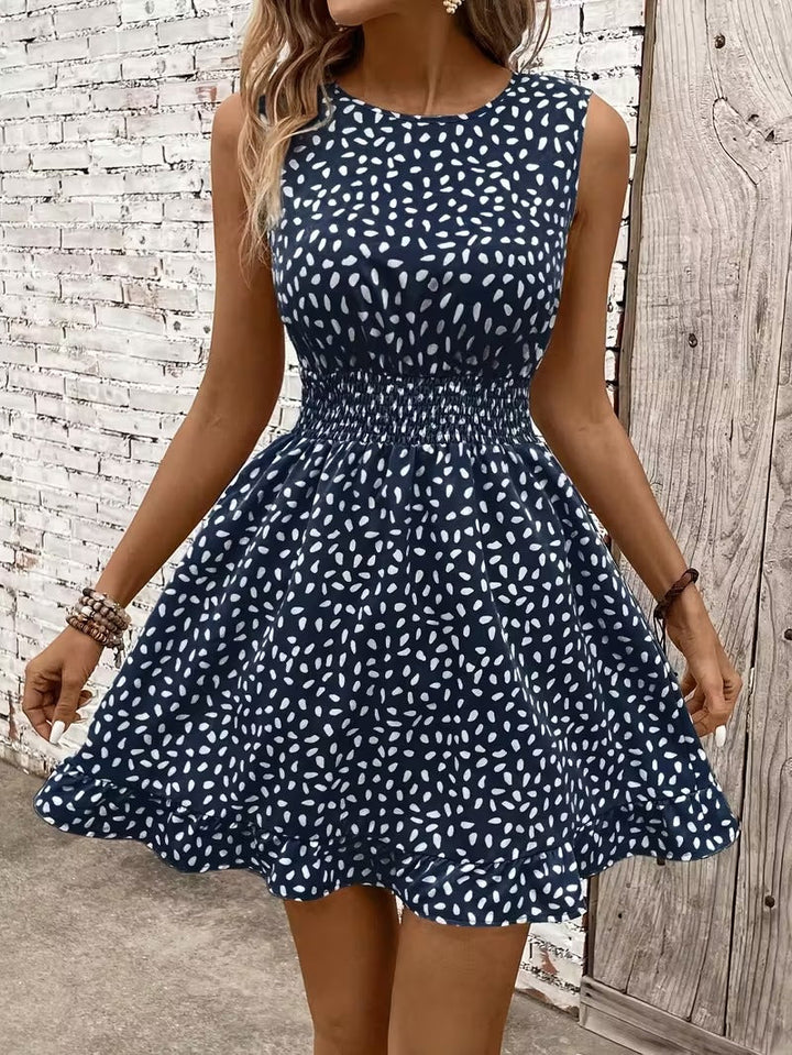 Sleeveless Mini Dress with Crew Neckline and Smocked Waist