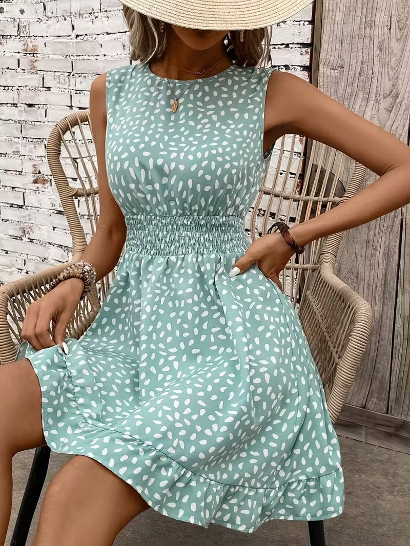 Sleeveless Mini Dress with Crew Neckline and Smocked Waist