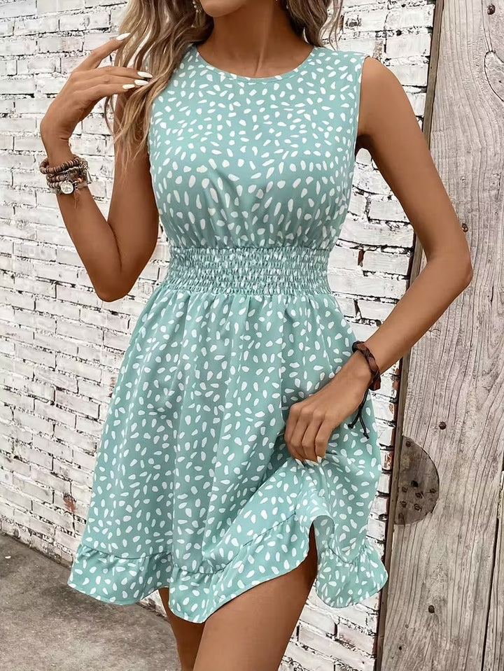 Sleeveless Mini Dress with Crew Neckline and Smocked Waist