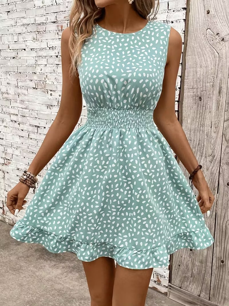 Sleeveless Mini Dress with Crew Neckline and Smocked Waist