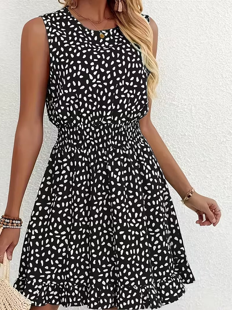 Sleeveless Mini Dress with Crew Neckline and Smocked Waist