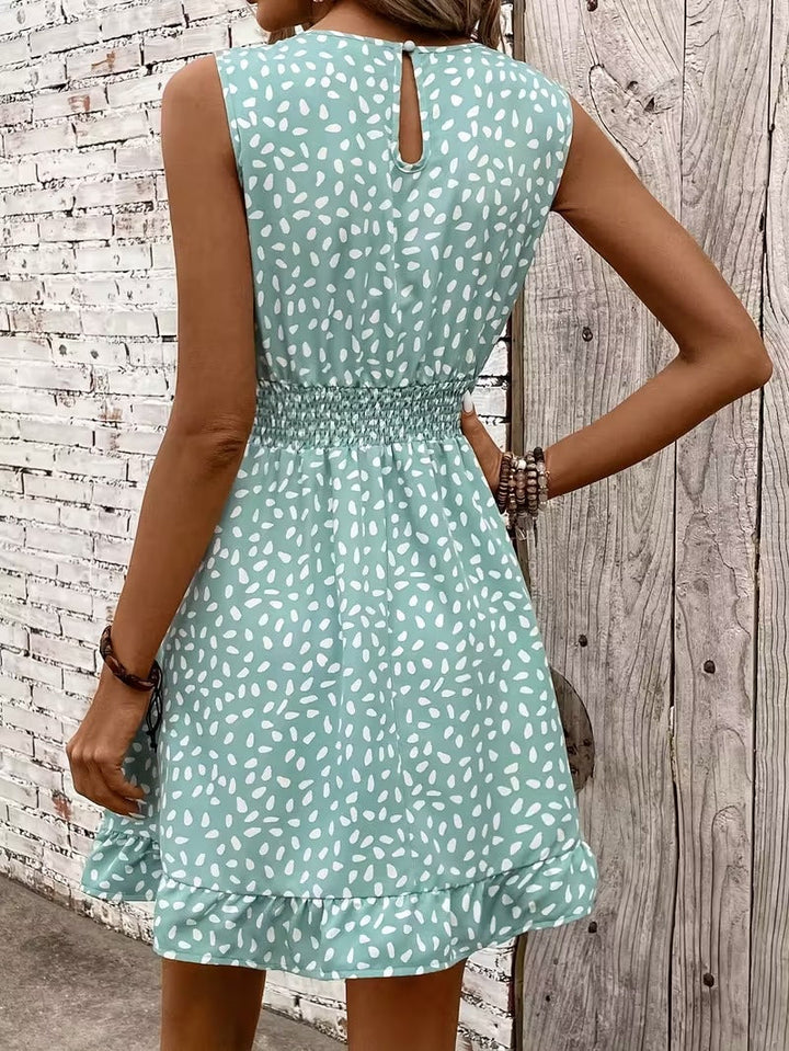 Sleeveless Mini Dress with Crew Neckline and Smocked Waist