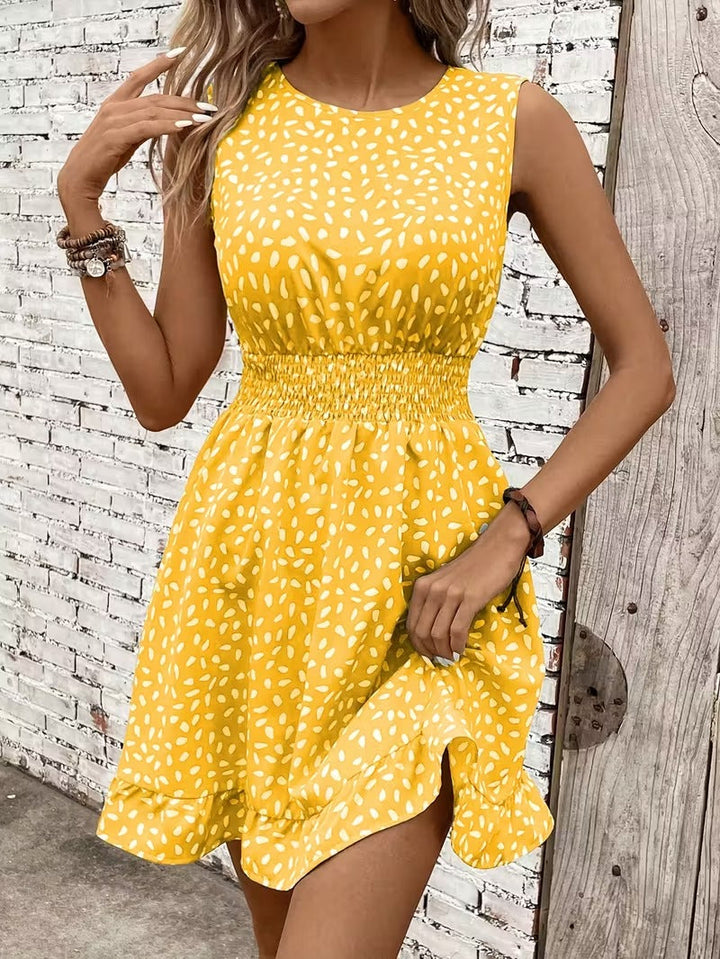 Sleeveless Mini Dress with Crew Neckline and Smocked Waist
