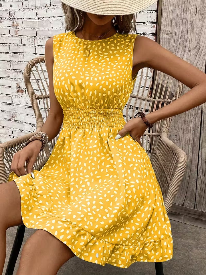 Sleeveless Mini Dress with Crew Neckline and Smocked Waist