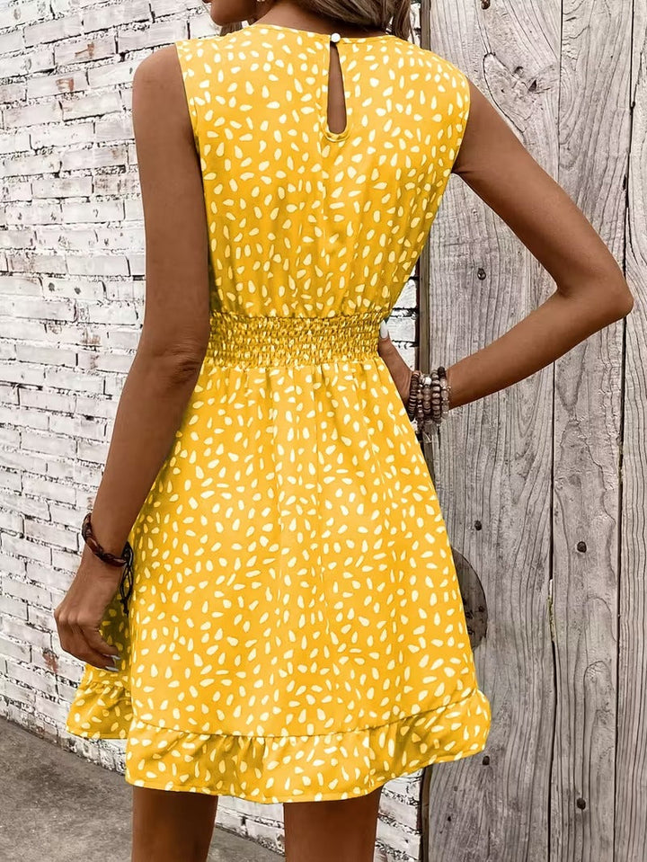 Sleeveless Mini Dress with Crew Neckline and Smocked Waist