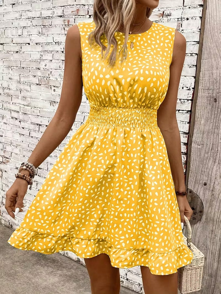 Sleeveless Mini Dress with Crew Neckline and Smocked Waist