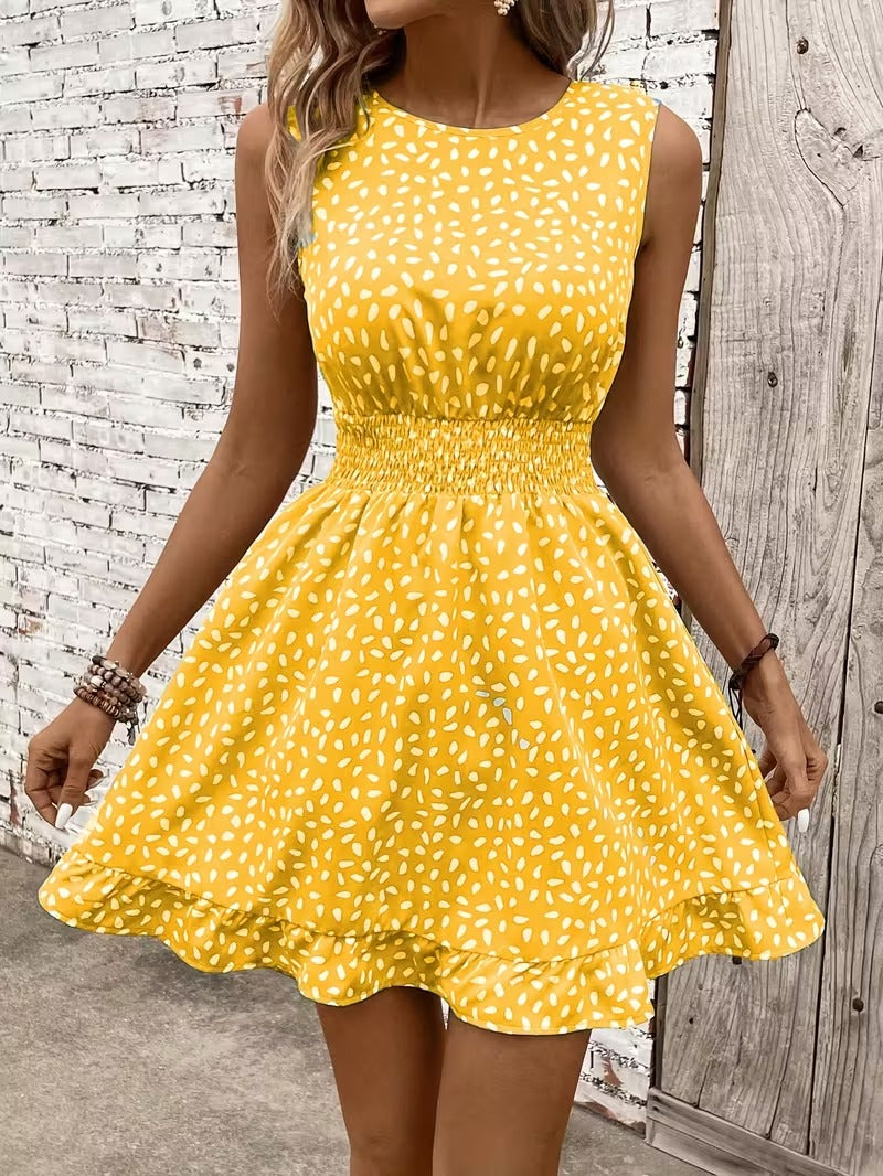 Sleeveless Mini Dress with Crew Neckline and Smocked Waist