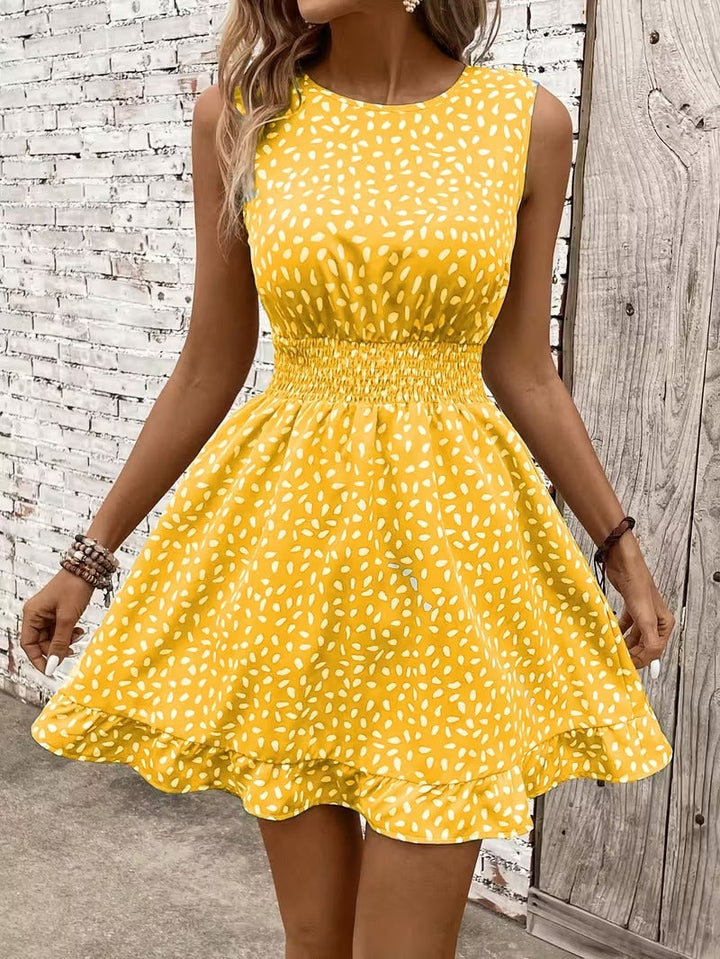 Sleeveless Mini Dress with Crew Neckline and Smocked Waist
