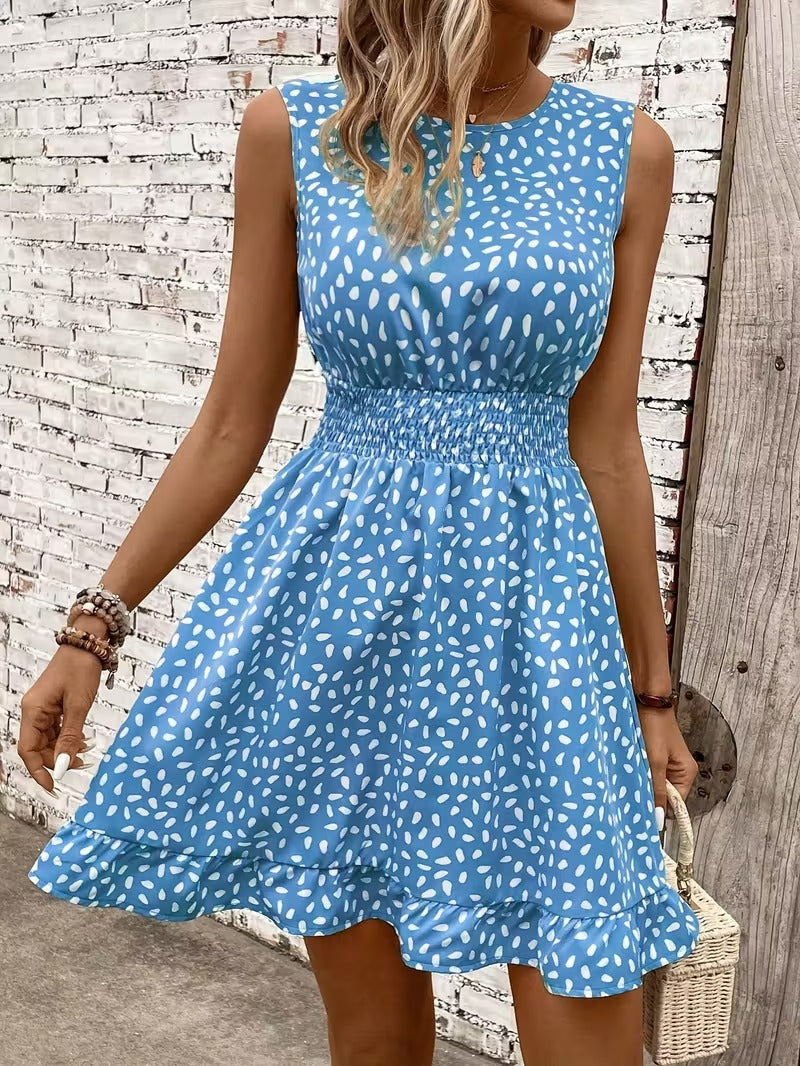Sleeveless Mini Dress with Crew Neckline and Smocked Waist