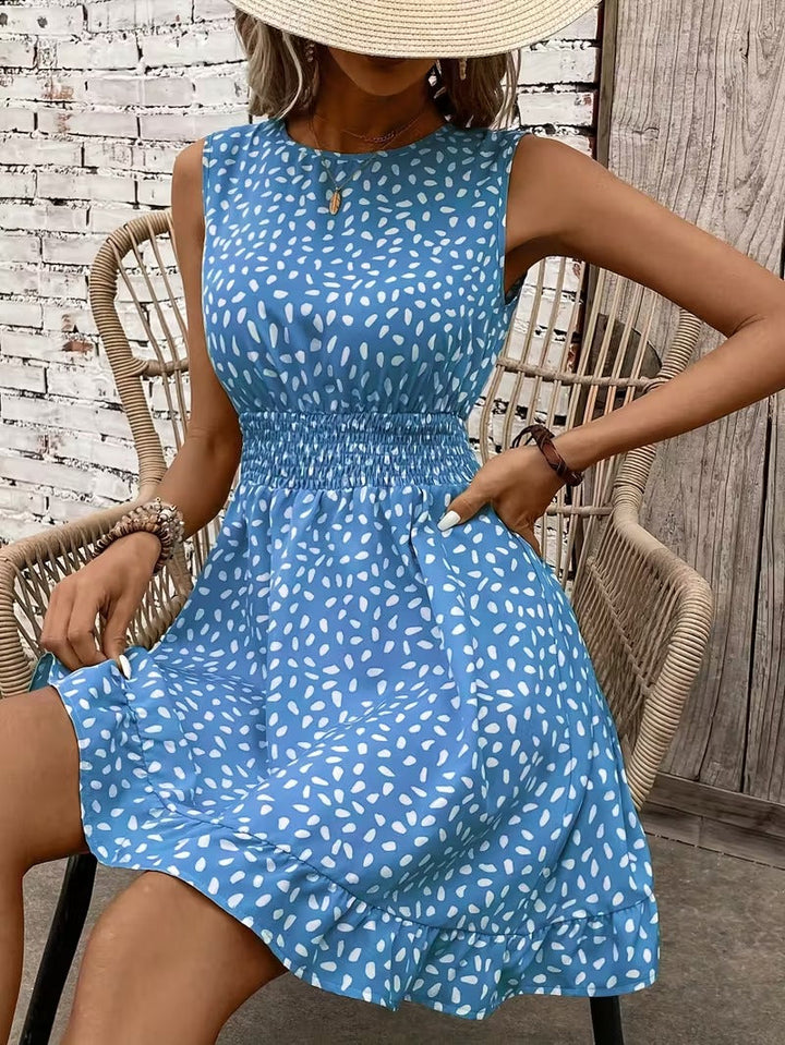 Sleeveless Mini Dress with Crew Neckline and Smocked Waist