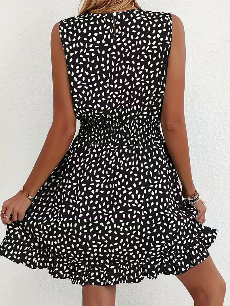 Sleeveless Mini Dress with Crew Neckline and Smocked Waist