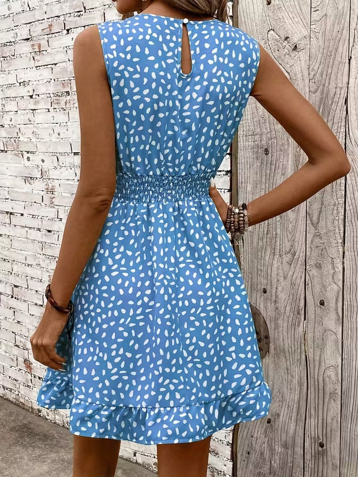 Sleeveless Mini Dress with Crew Neckline and Smocked Waist