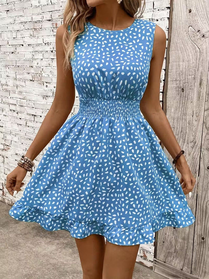 Sleeveless Mini Dress with Crew Neckline and Smocked Waist