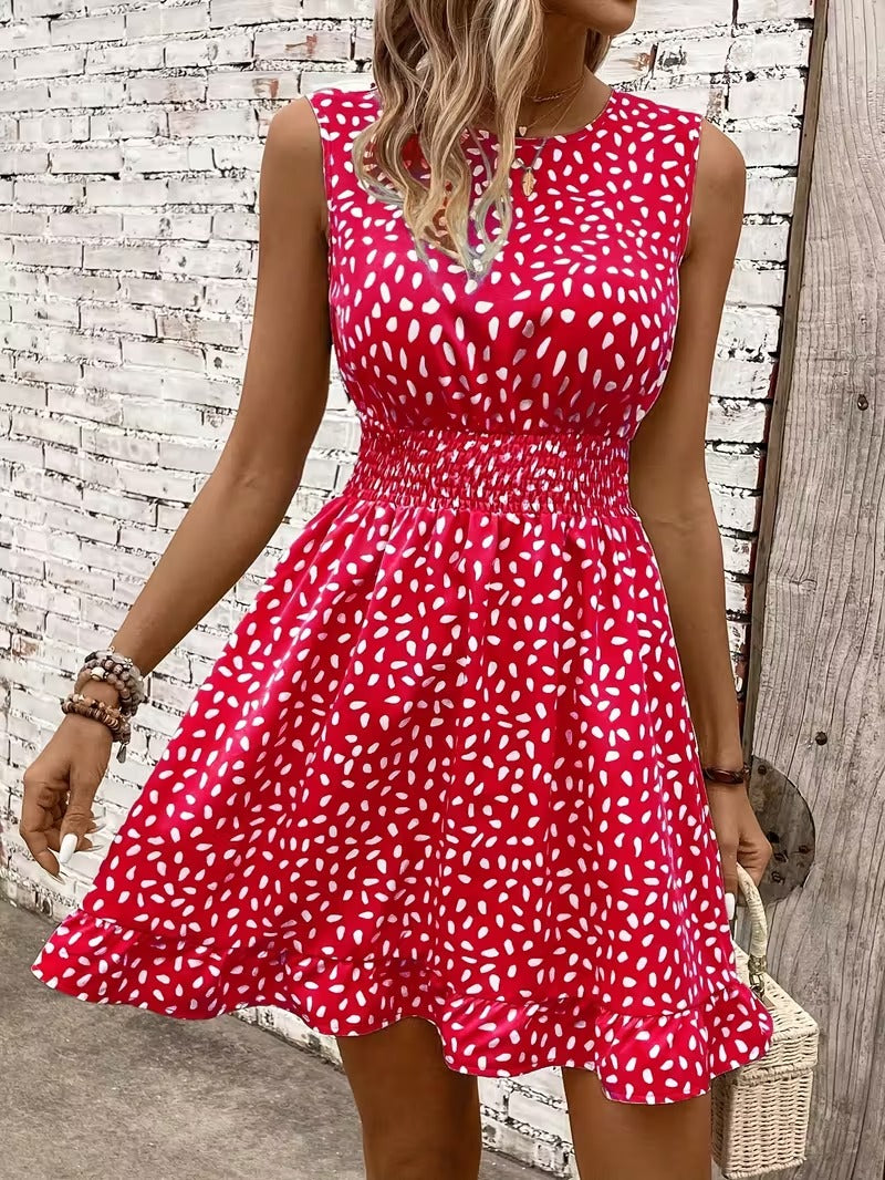 Sleeveless Mini Dress with Crew Neckline and Smocked Waist