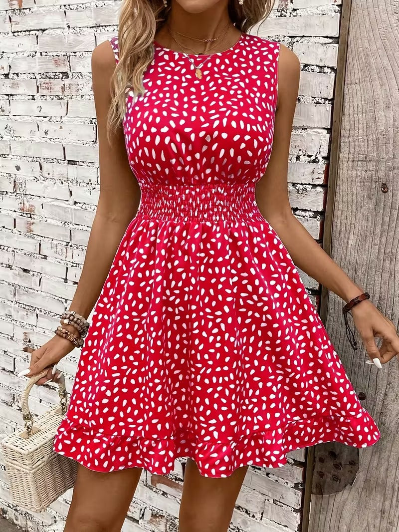 Sleeveless Mini Dress with Crew Neckline and Smocked Waist