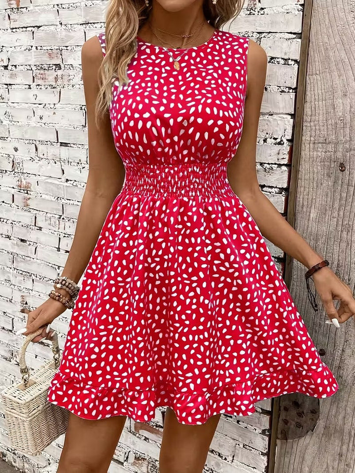 Sleeveless Mini Dress with Crew Neckline and Smocked Waist
